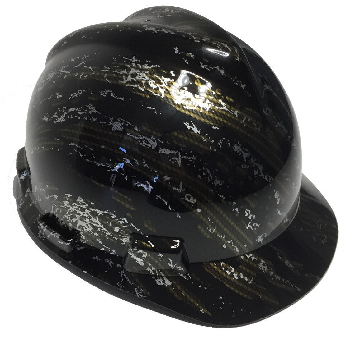 Custom Hard Hat MSA V-Gard Cap Style Hydro Dipped Gold Carbon Fiber Marble Splash