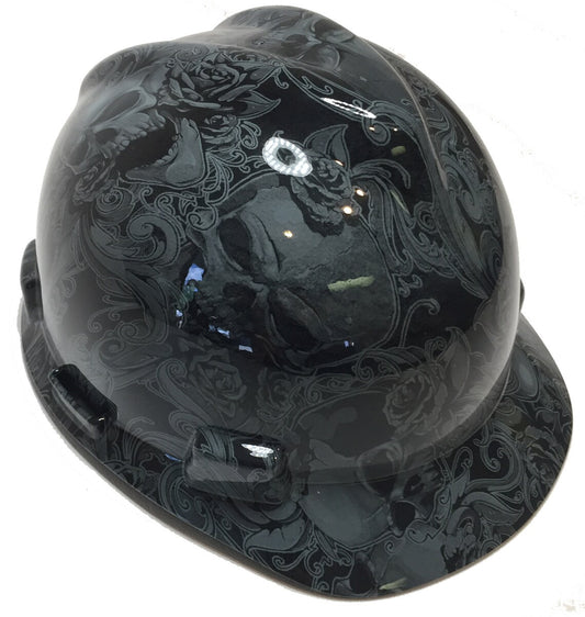 Hard Hat MSA V-Gard Cap Style Custom Gray Filigree Skulls