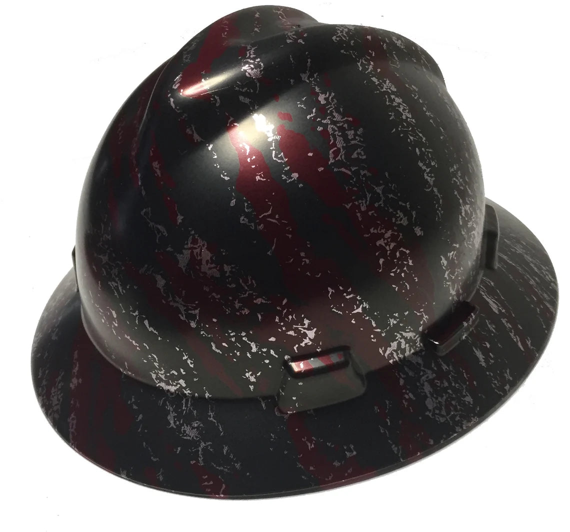 Custom Hard Hat Brandywine Red Marble Splash MSA V-Gard Full Brim