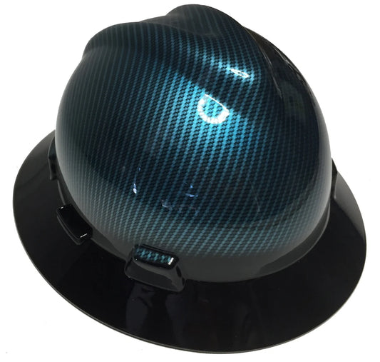 Hard Hat MSA V-Gard Full Brim Custom Hydro Dipped Light Blue Kandy Carbon Fiber With Black Brim