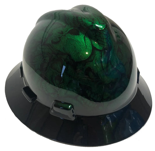 Custom Hard Hat Kandy Green Stainless Steel Insanity Skulls With Black Brim MSA V-Gard Full Brim