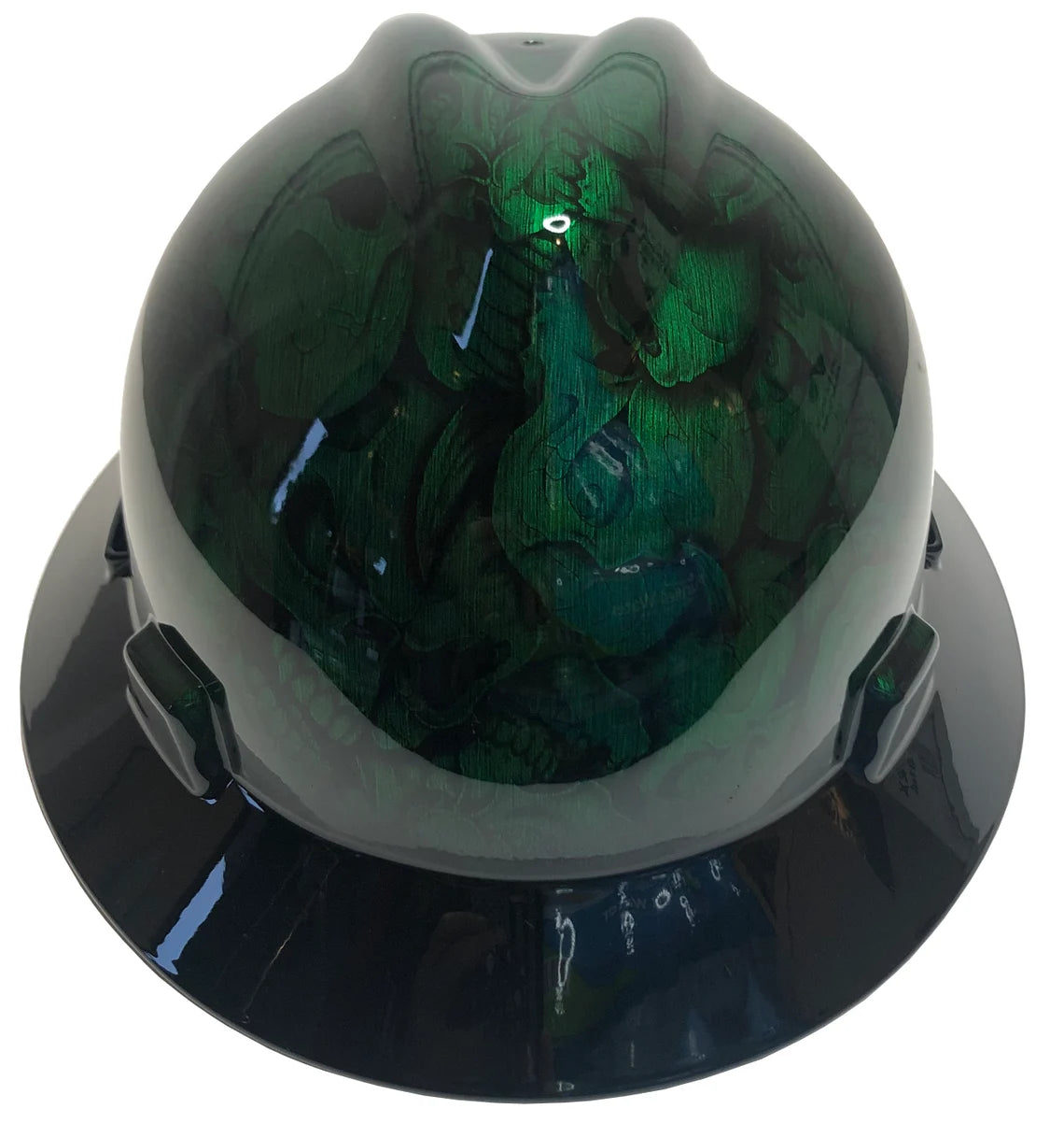 Custom Hard Hat Kandy Green Stainless Steel Insanity Skulls With Black Brim MSA V-Gard Full Brim