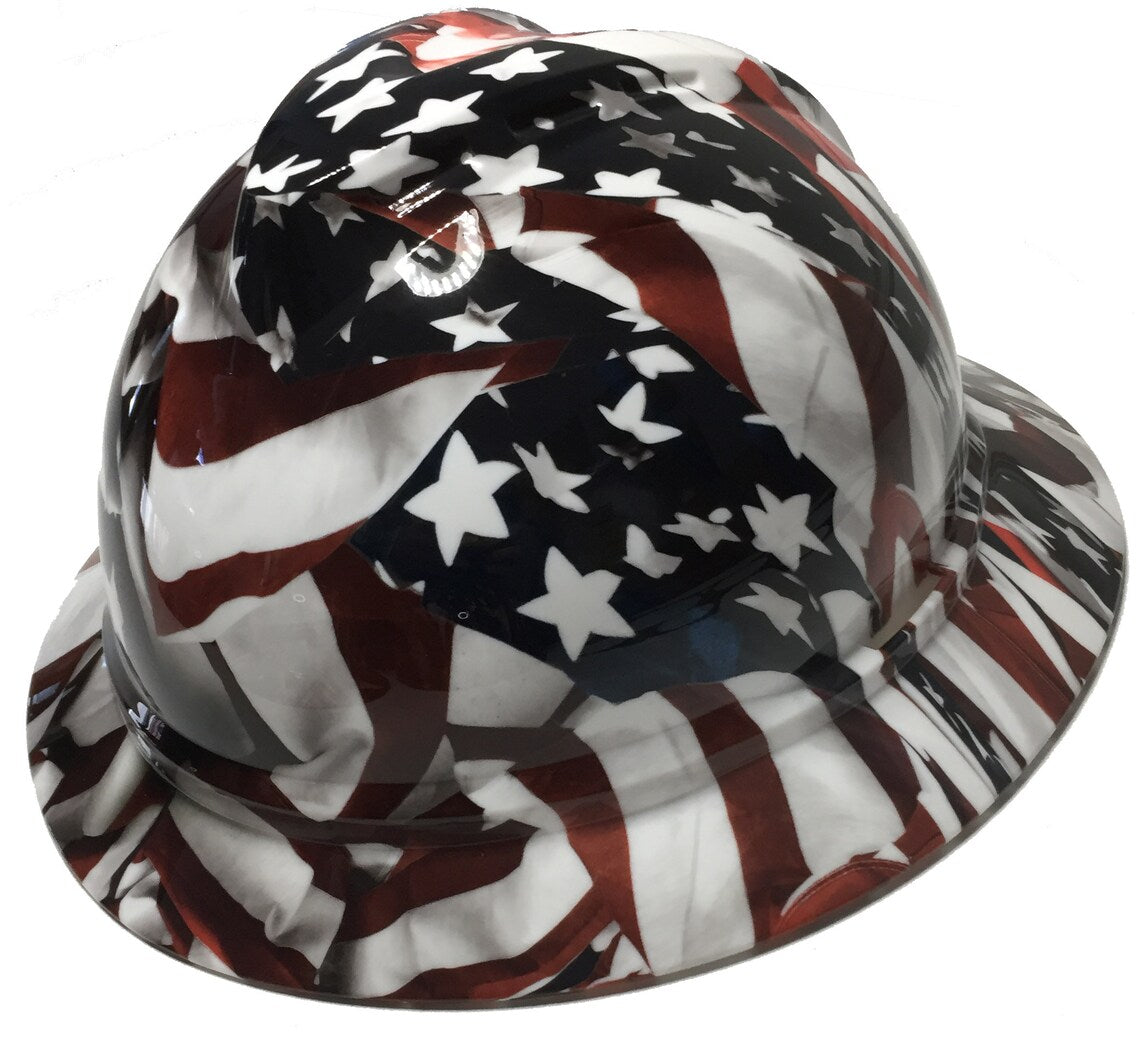 Custom Hard Hat American Flag MSA 500 Series V-Gard Full Brim 6 Point Harness