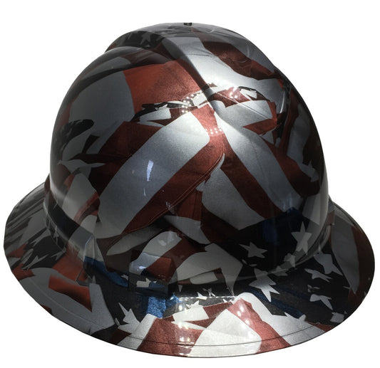 Custom Hard Hat Metallic Silver American Flags Full Brim Ridgeline