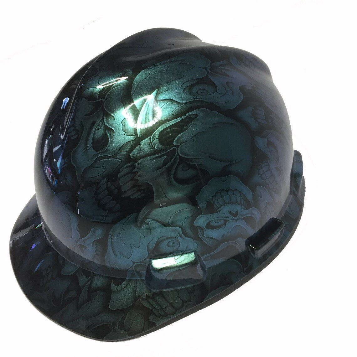 Custom Hard Hat Blue Green Chameleon Insanity Skulls MSA VGard Cap Style