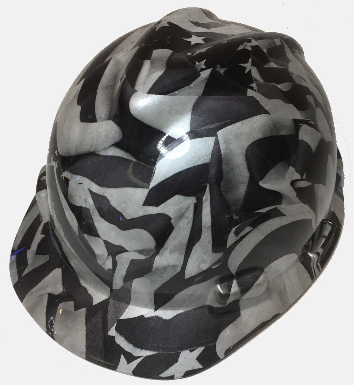 Custom Hard Hat Pearl White Midnight American Flags Hydro Dipped MSA VGard Cap Style