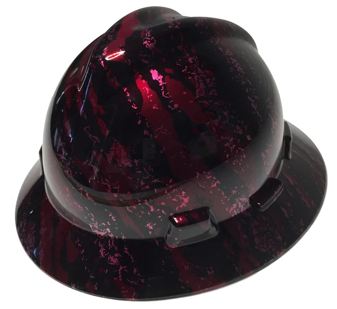 Custom Hard Hat Brandywine Red Marble Splash MSA V-Gard Full Brim