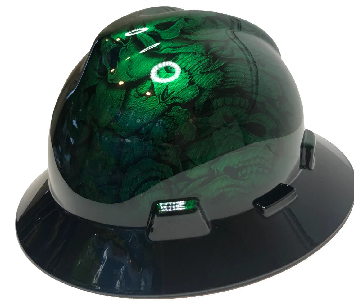 Custom Hard Hat Kandy Green Stainless Steel Insanity Skulls With Black Brim MSA V-Gard Full Brim