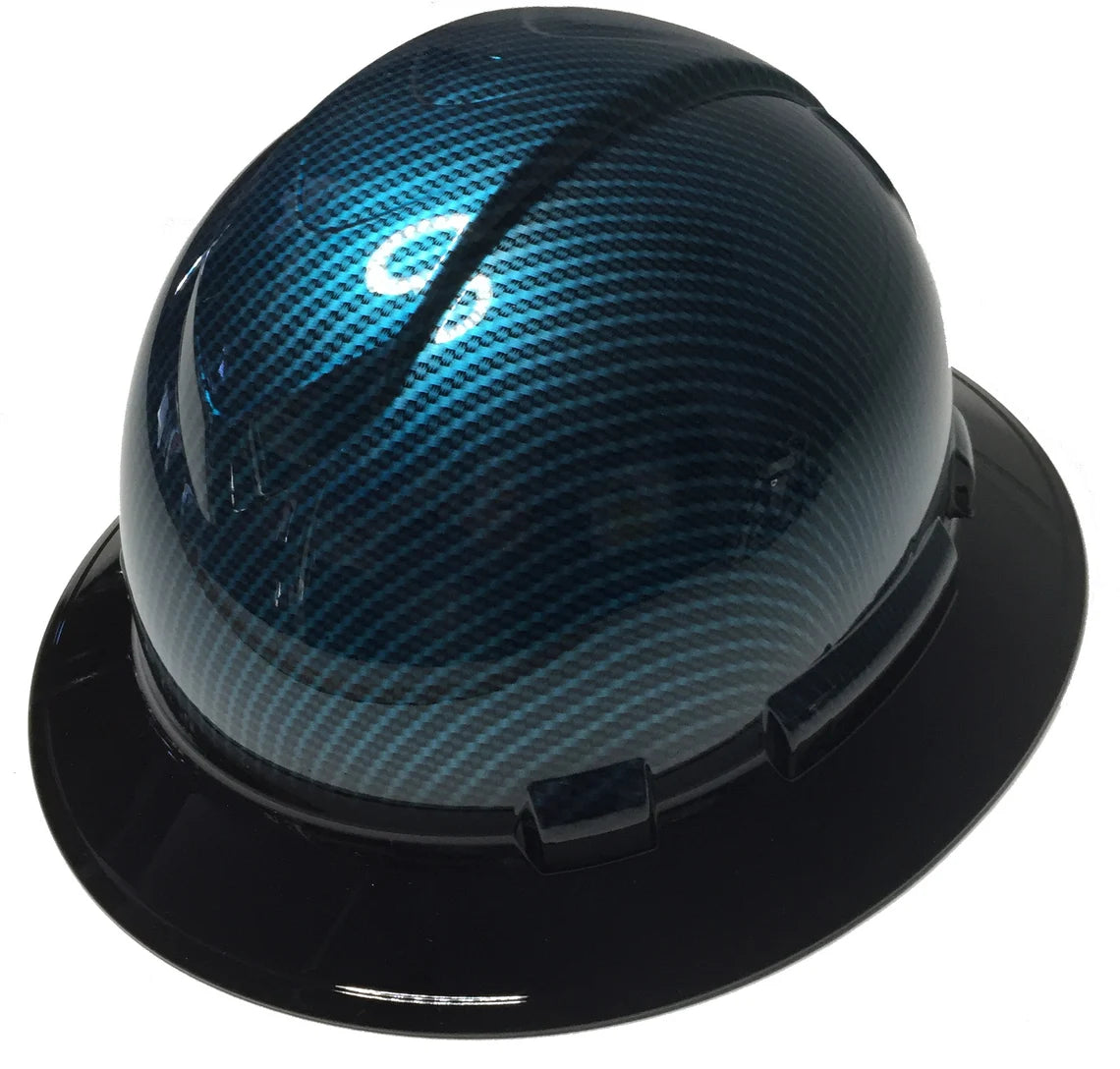 Custom Hard Hat Ridgeline Full Brim Light Blue Kandy Translucent Carbon Fiber Hydro Dipped With Black Brim