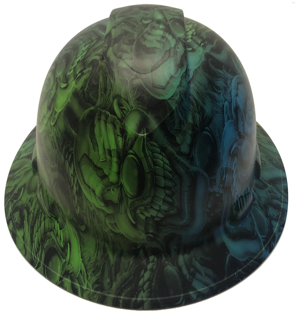 Custom Hard Hat Two Toned Blue & Green Boss Skulls Full Brim Ridgeline