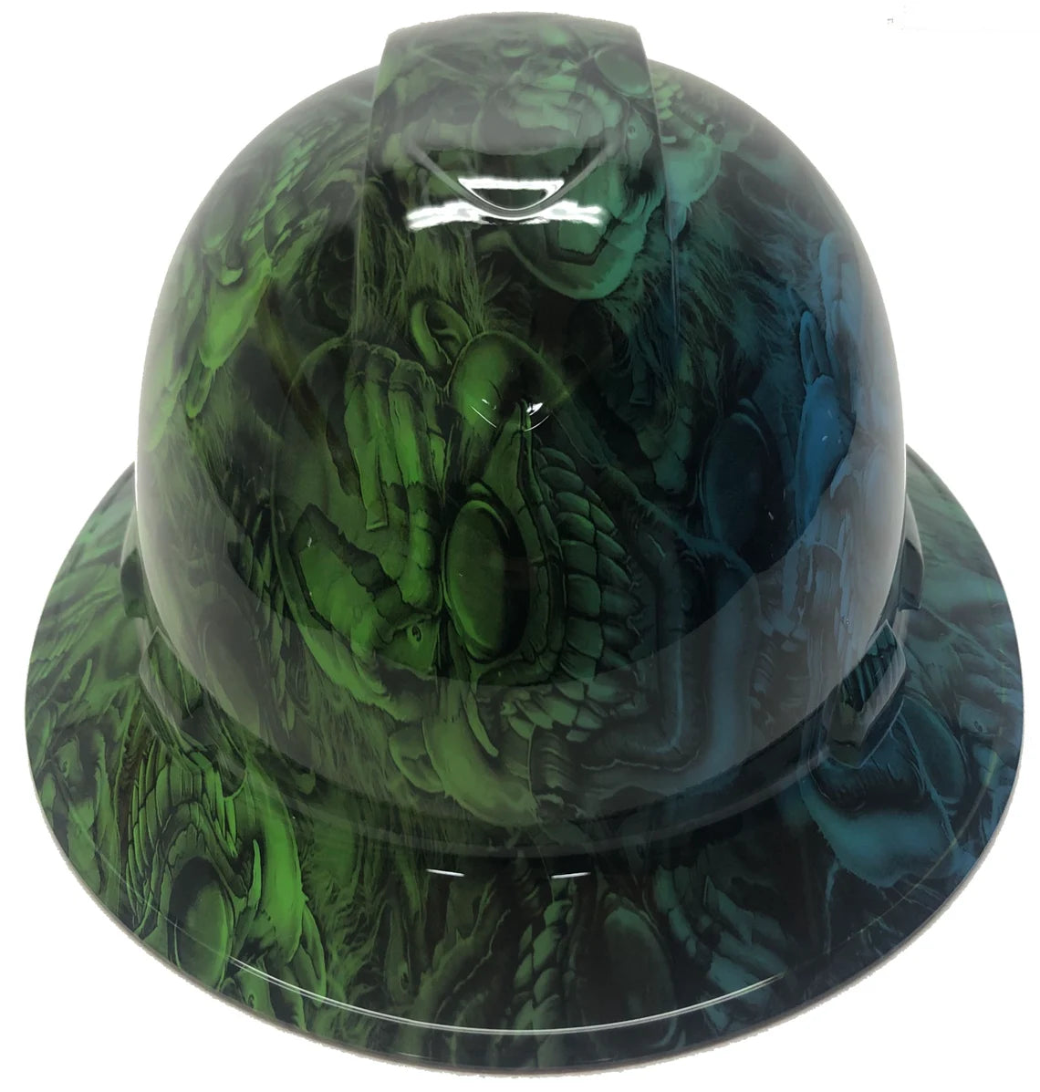 Custom Hard Hat Two Toned Blue & Green Boss Skulls Full Brim Ridgeline