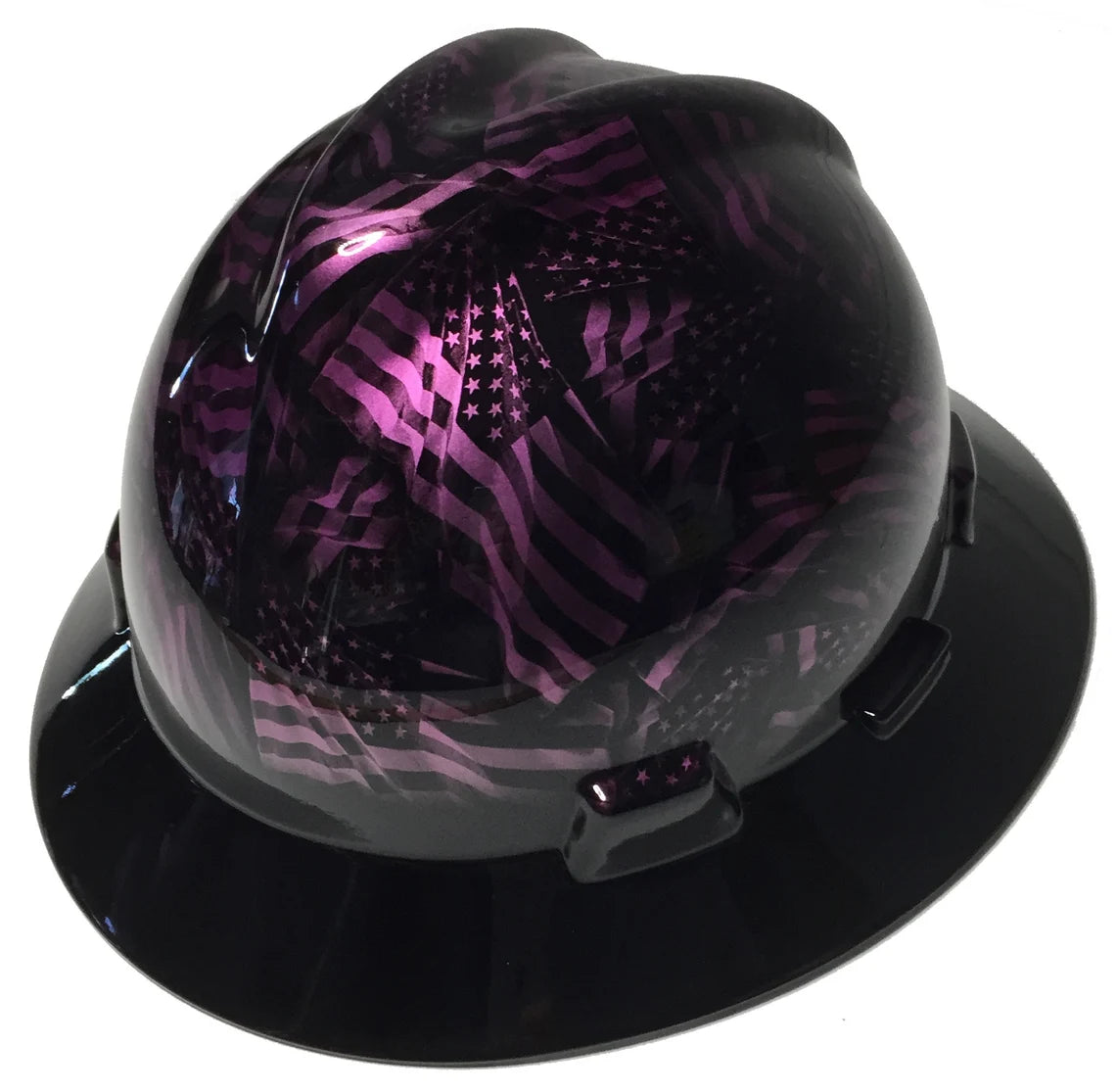 Custom Hydro Dipped Hard Hat MSA V-Gard Full Brim Kandy Purple Negative American Flags with Black Brim