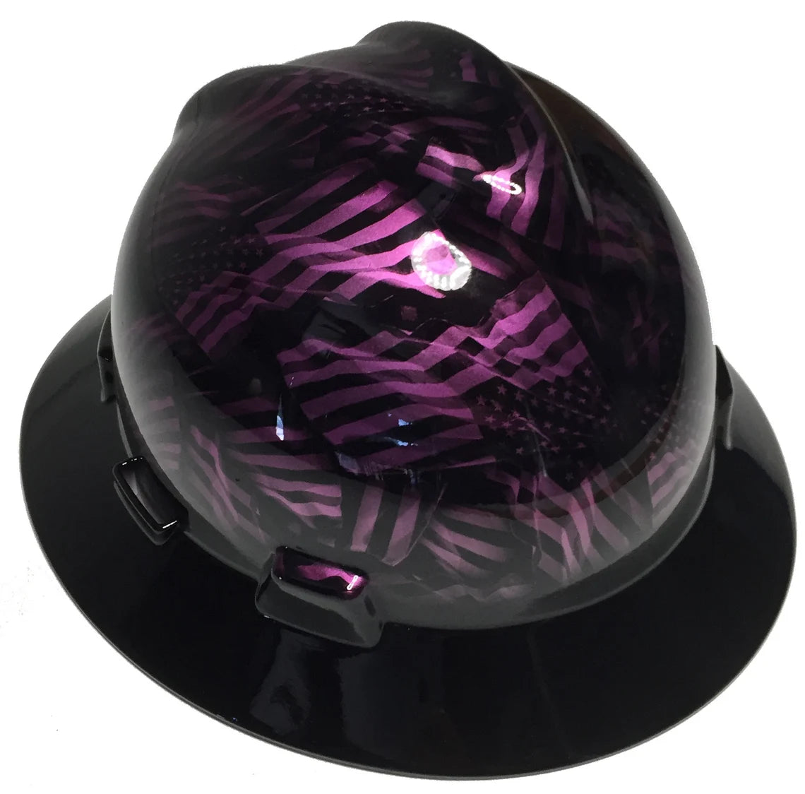 Custom Hydro Dipped Hard Hat MSA V-Gard Full Brim Kandy Purple Negative American Flags with Black Brim