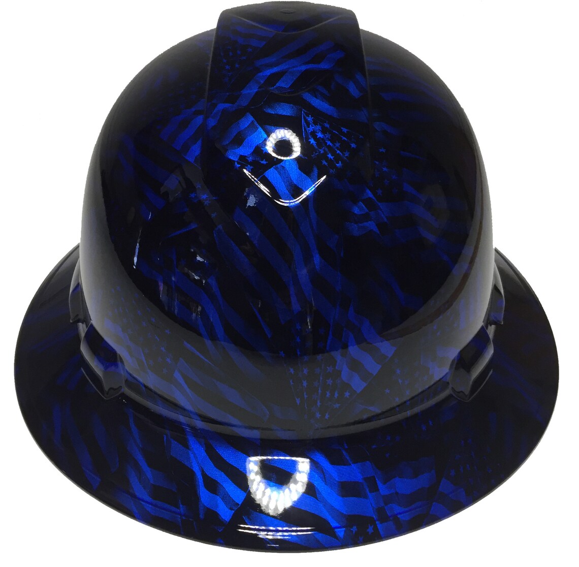 Custom Hydro Dipped Hard Hat Kandy Blue Negative American Flags Full Brim Ridgeline