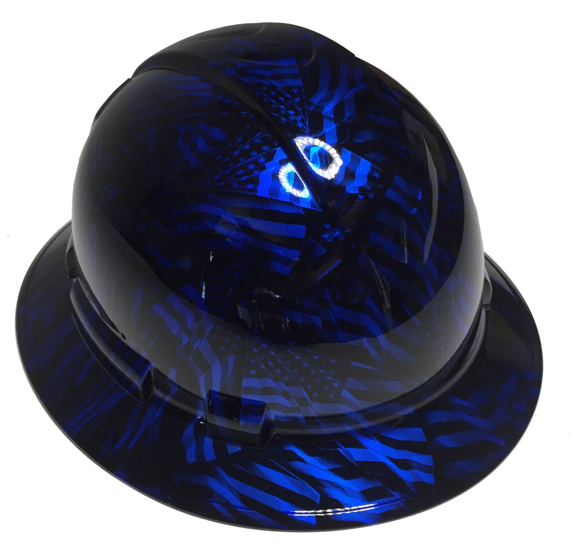 Custom Hydro Dipped Hard Hat Kandy Blue Negative American Flags Full Brim Ridgeline