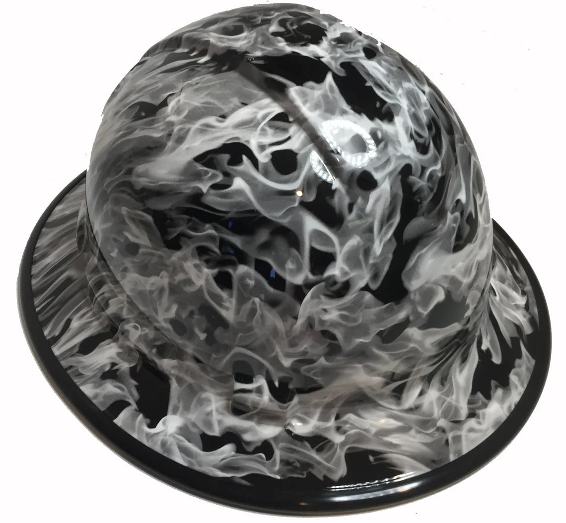 Custom Hydro Dipped Hard Hat White Flames Full Brim Ridgeline