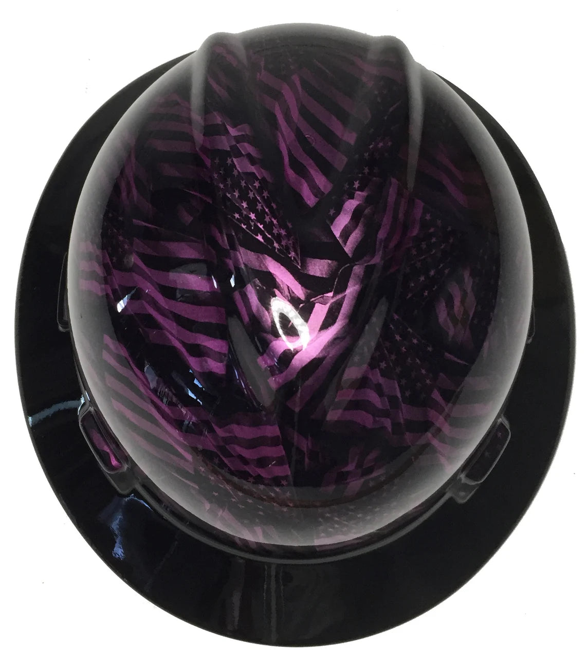 Custom Hydro Dipped Hard Hat MSA V-Gard Full Brim Kandy Purple Negative American Flags with Black Brim