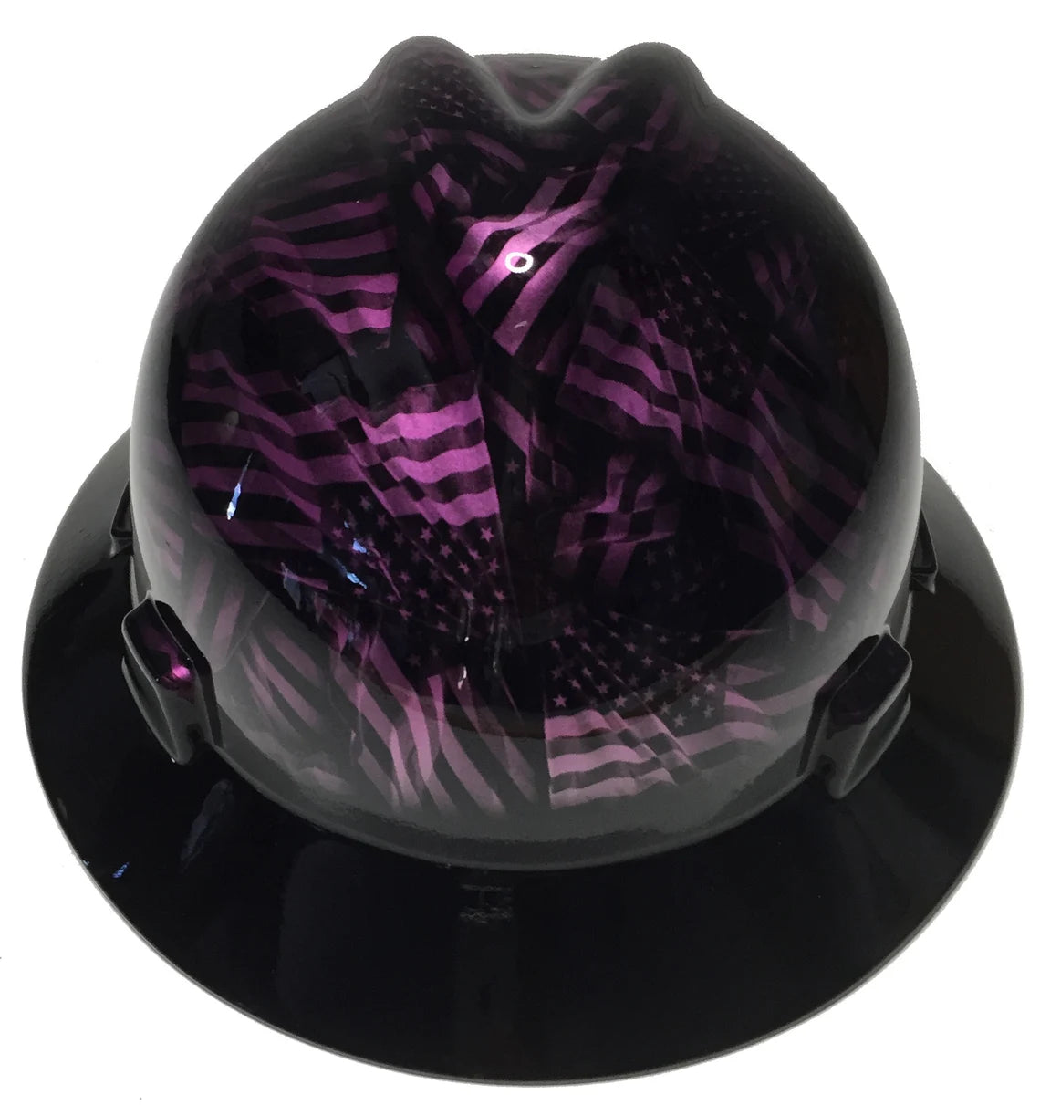 Custom Hydro Dipped Hard Hat MSA V-Gard Full Brim Kandy Purple Negative American Flags with Black Brim