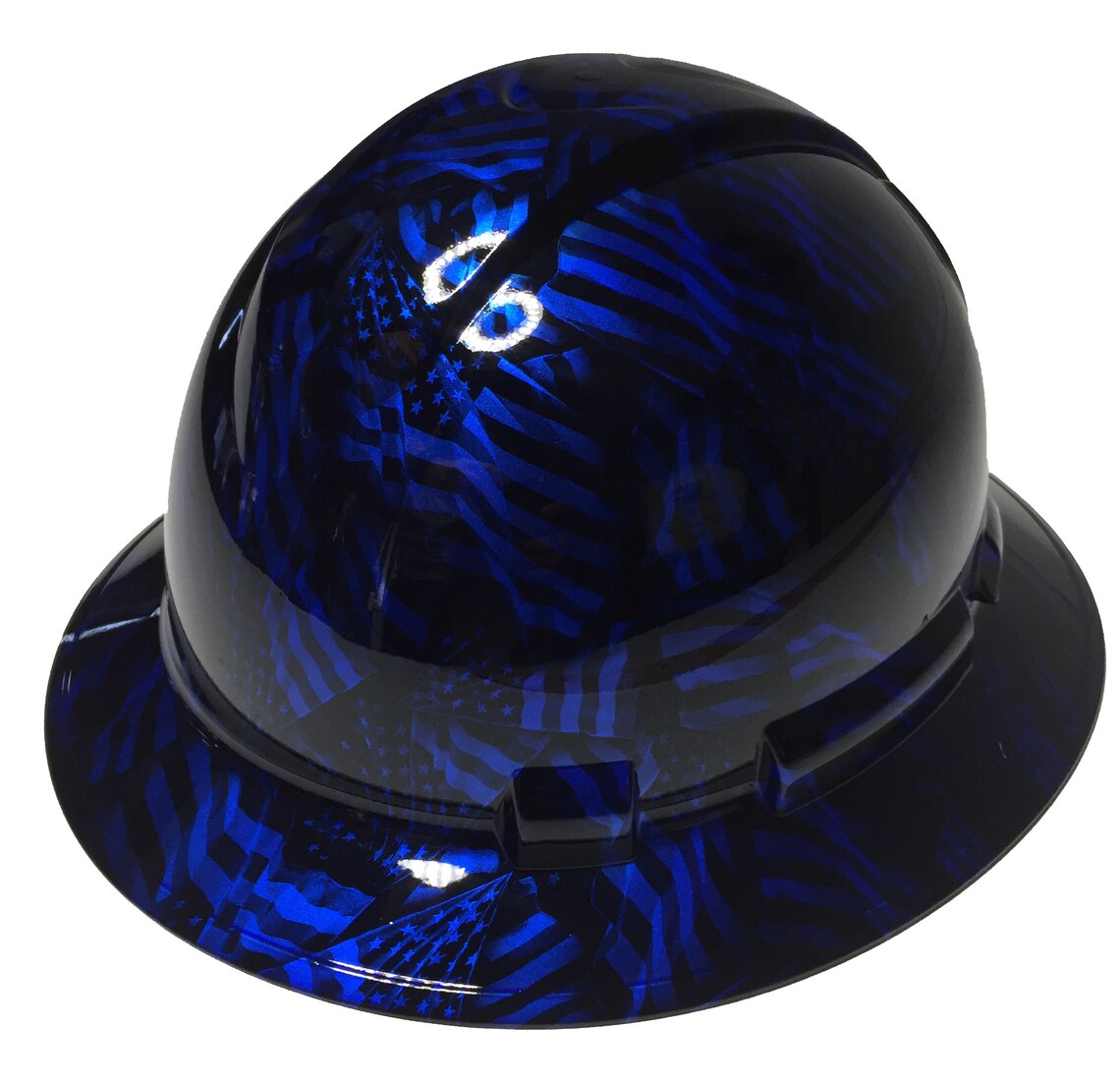 Custom Hydro Dipped Hard Hat Kandy Blue Negative American Flags Full Brim Ridgeline