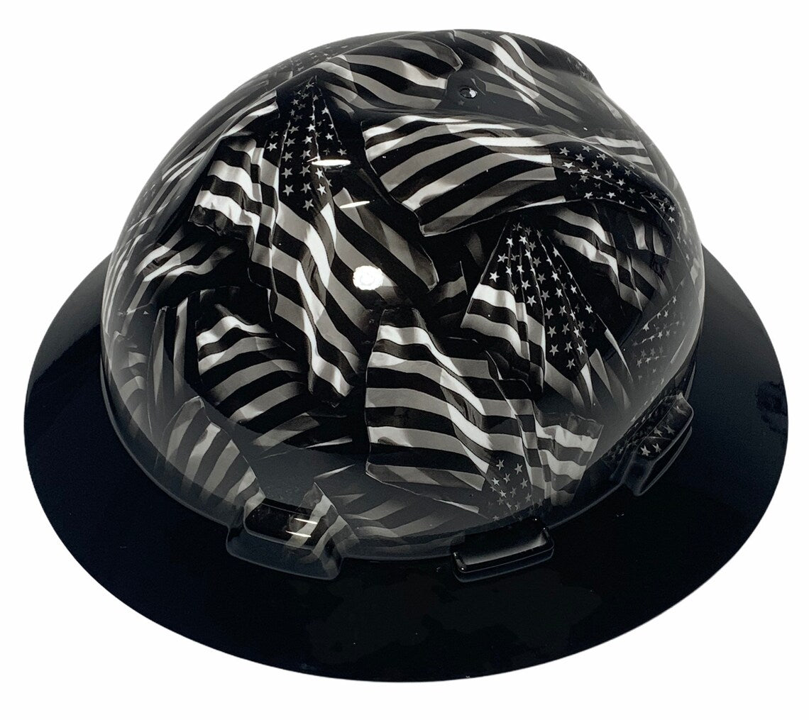 Custom Hard Hat Hydro Dipped Negative Flags with Black Brim MSA V-Gard Full Brim