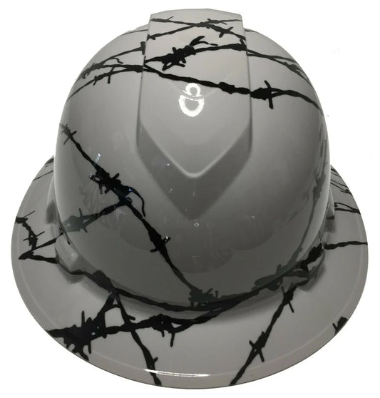 Custom Hard Hat Ridgeline Full Brim Light Gray Barbed Wire