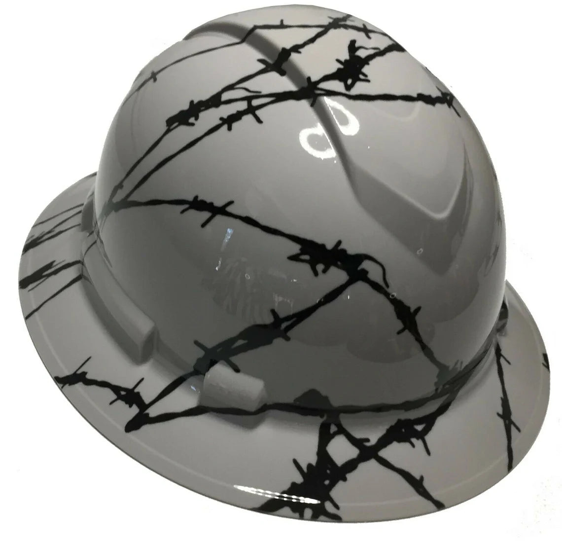 Custom Hard Hat Ridgeline Full Brim Light Gray Barbed Wire