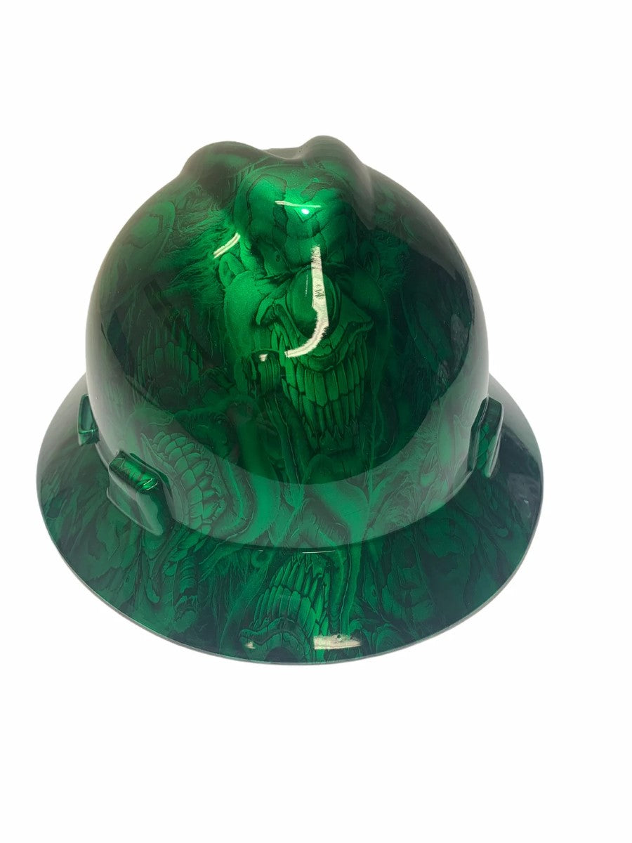 Custom Hard Hat Kandy Green Boss Skulls MSA V-Gard Full Brim