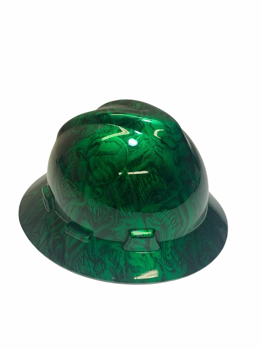 Custom Hard Hat Kandy Green Boss Skulls MSA V-Gard Full Brim