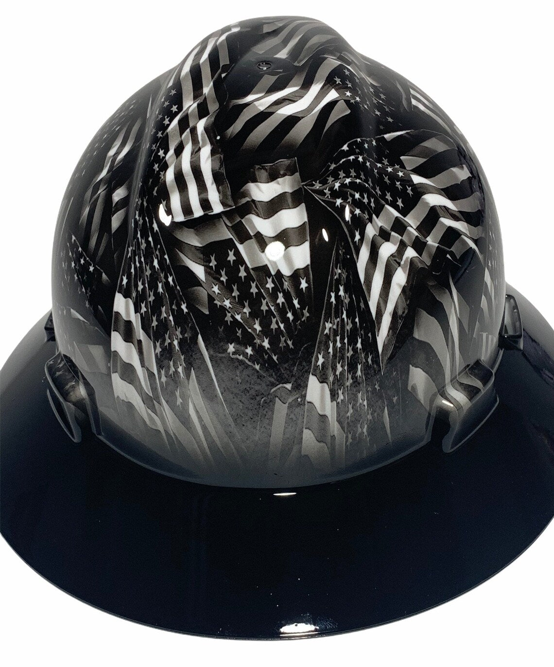 Custom Hard Hat Hydro Dipped Negative Flags with Black Brim MSA V-Gard Full Brim