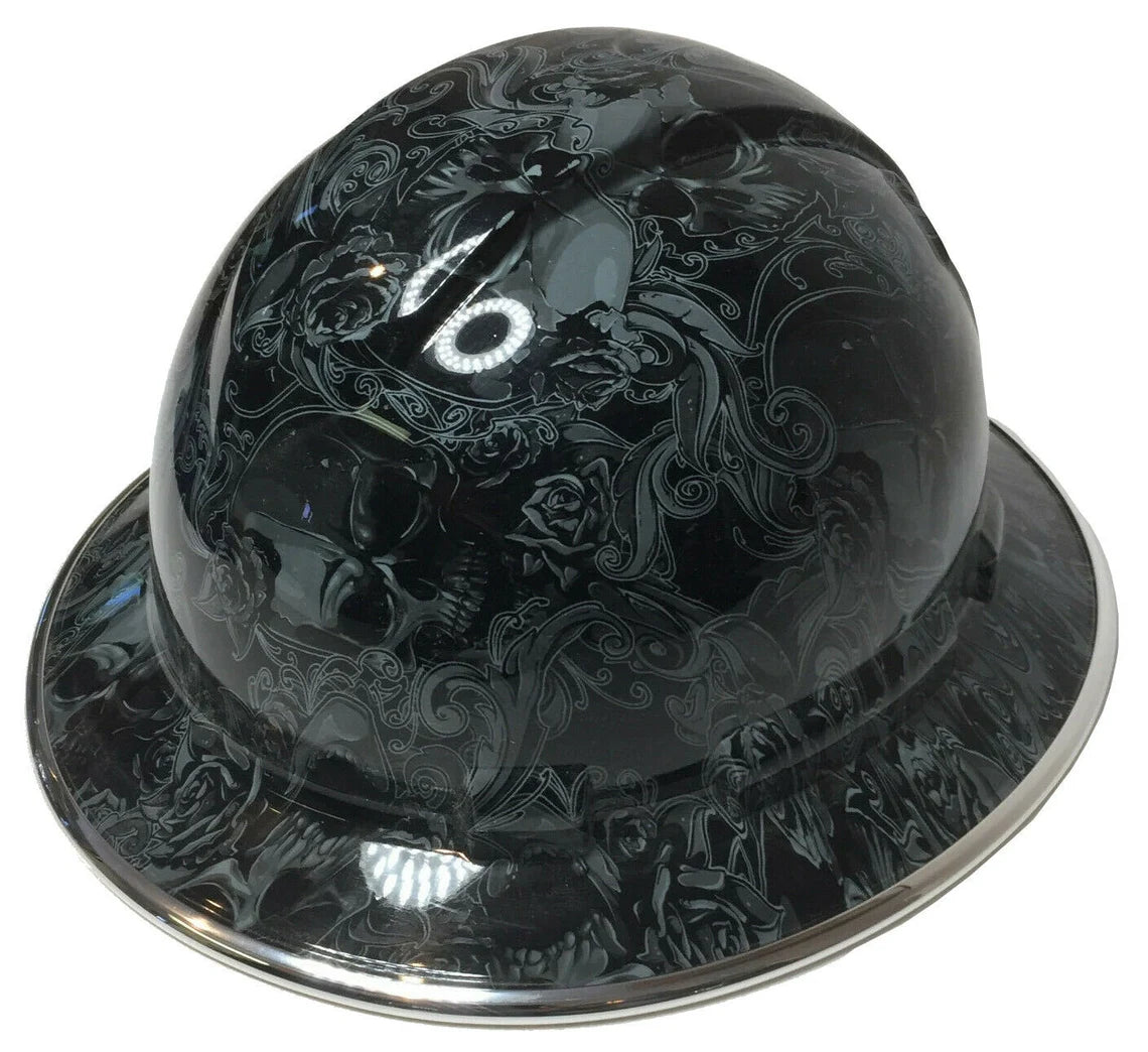 Custom Hydro Dipped Hard Hat Slate Gray Filigree Skulls Full Brim Ridgeline With Chrome EdgeGard