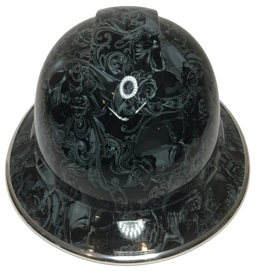 Custom Hydro Dipped Hard Hat Slate Gray Filigree Skulls Full Brim Ridgeline With Chrome EdgeGard