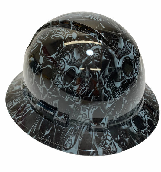 Custom Hydro Dipped Hard Hat Slate Gray Tribal Skulls Full Brim Ridgeline