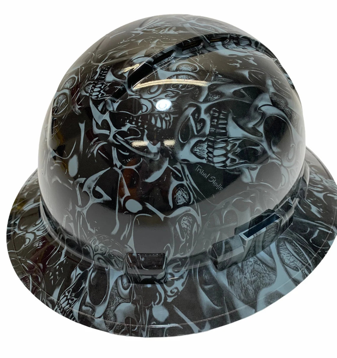 Custom Hydro Dipped Hard Hat Slate Gray Tribal Skulls Full Brim Ridgeline