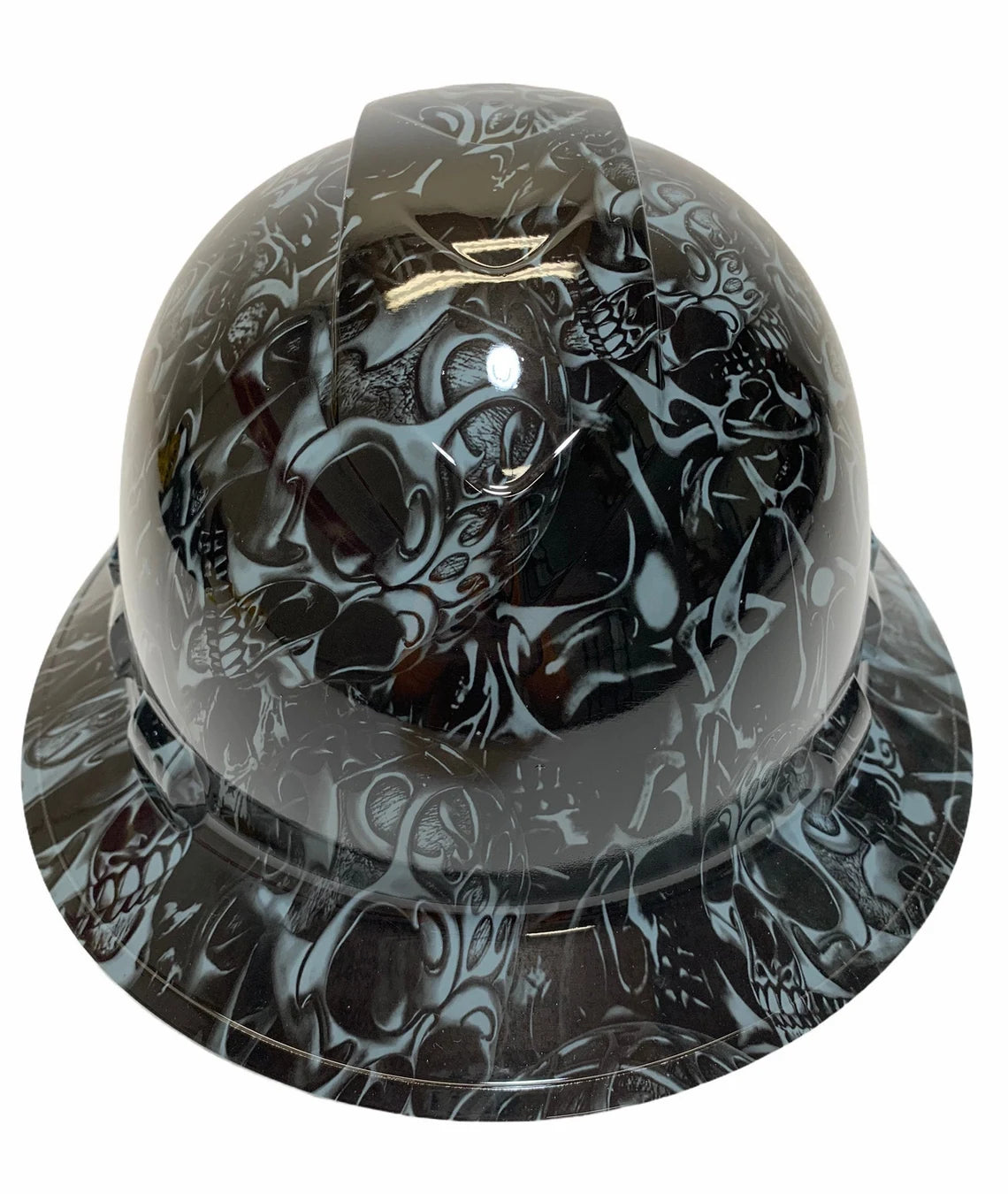 Custom Hydro Dipped Hard Hat Slate Gray Tribal Skulls Full Brim Ridgeline