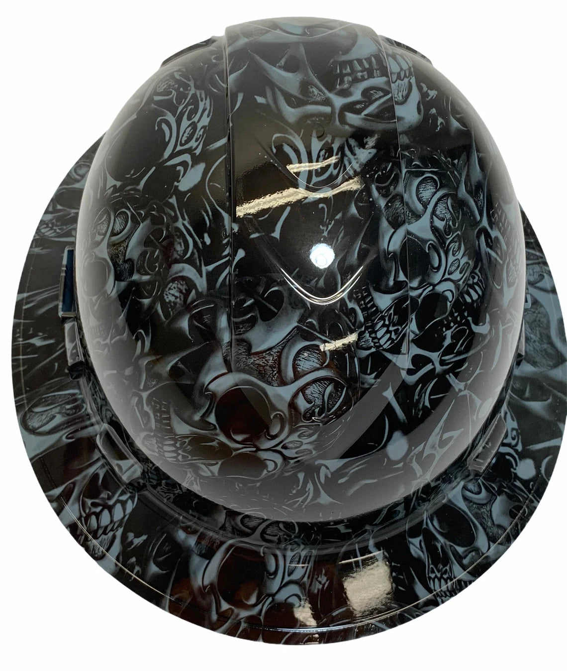 Custom Hydro Dipped Hard Hat Slate Gray Tribal Skulls Full Brim Ridgeline