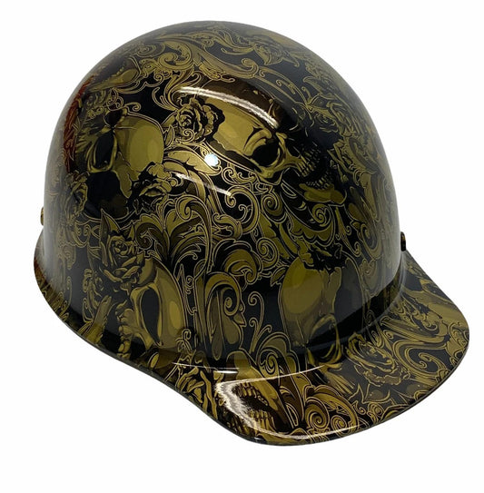 Custom Hard Hat HOK Gold Metallic Filigree Skulls MSA SkullGard Cap Style