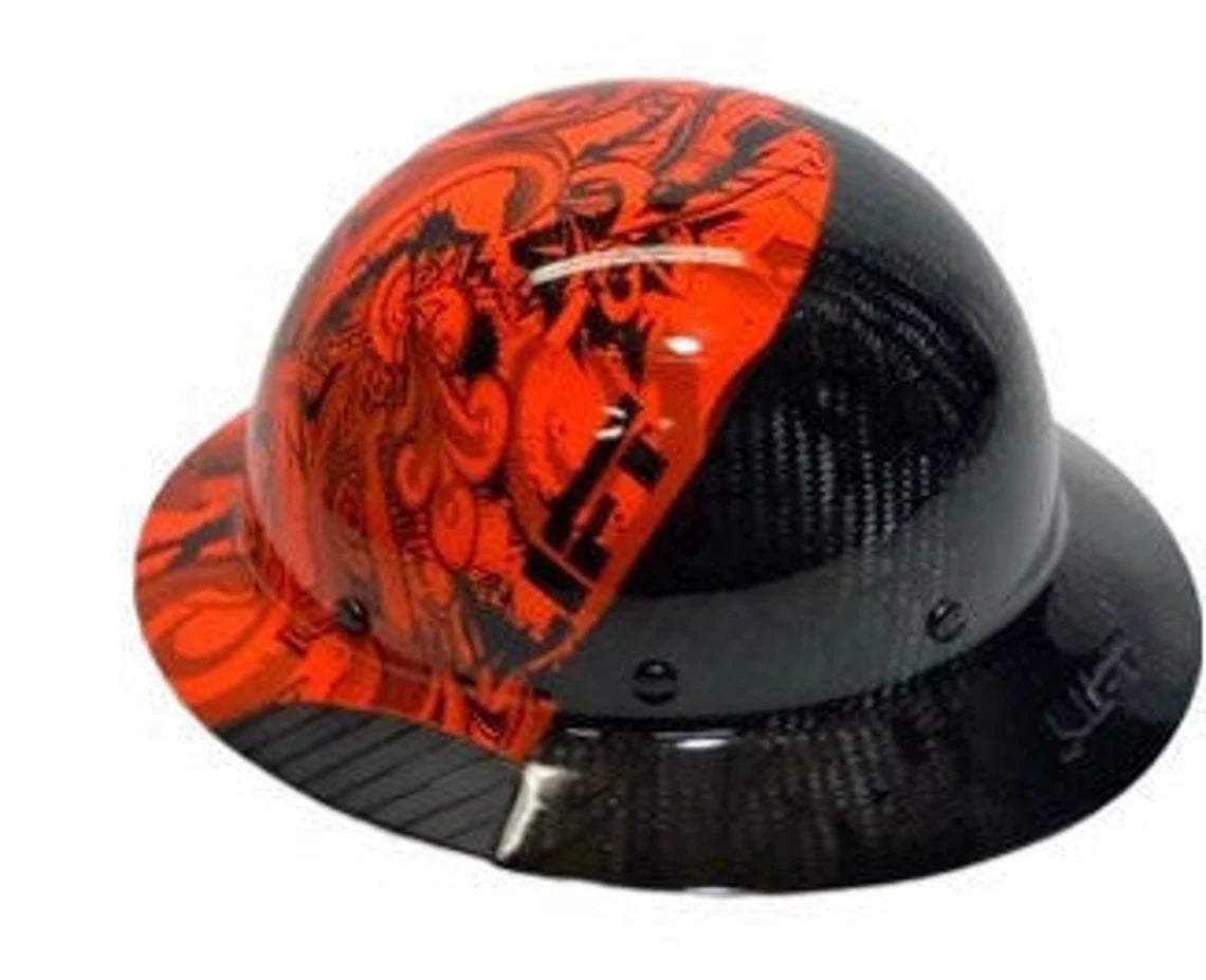 Custom Hydro Dipped Black and Orange Graffiti Lift DAX Fifty 50 Carbon Fiber HDF50C-19OC Full Brim Hard Hat