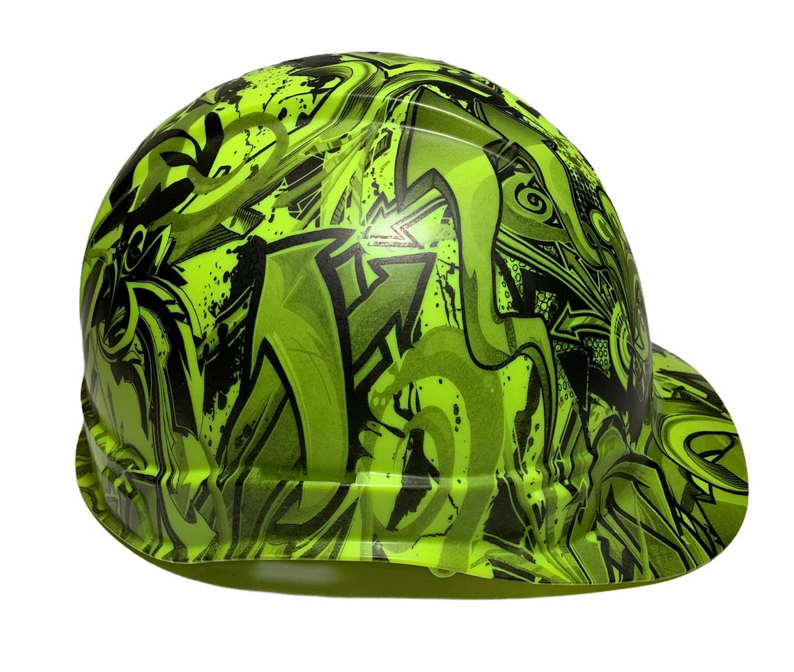 Custom Hydro Dipped HiVis Green Graffiti Ridgeline Cap Style Hard Hat