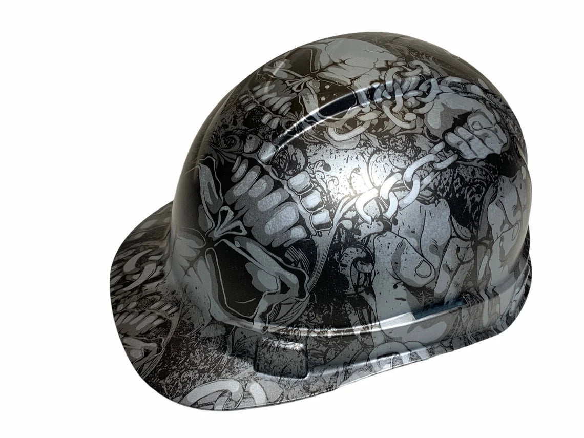 Hard Hat Ridgeline Cap Style Custom Silver Metallic Gnarly Chains and Skulls