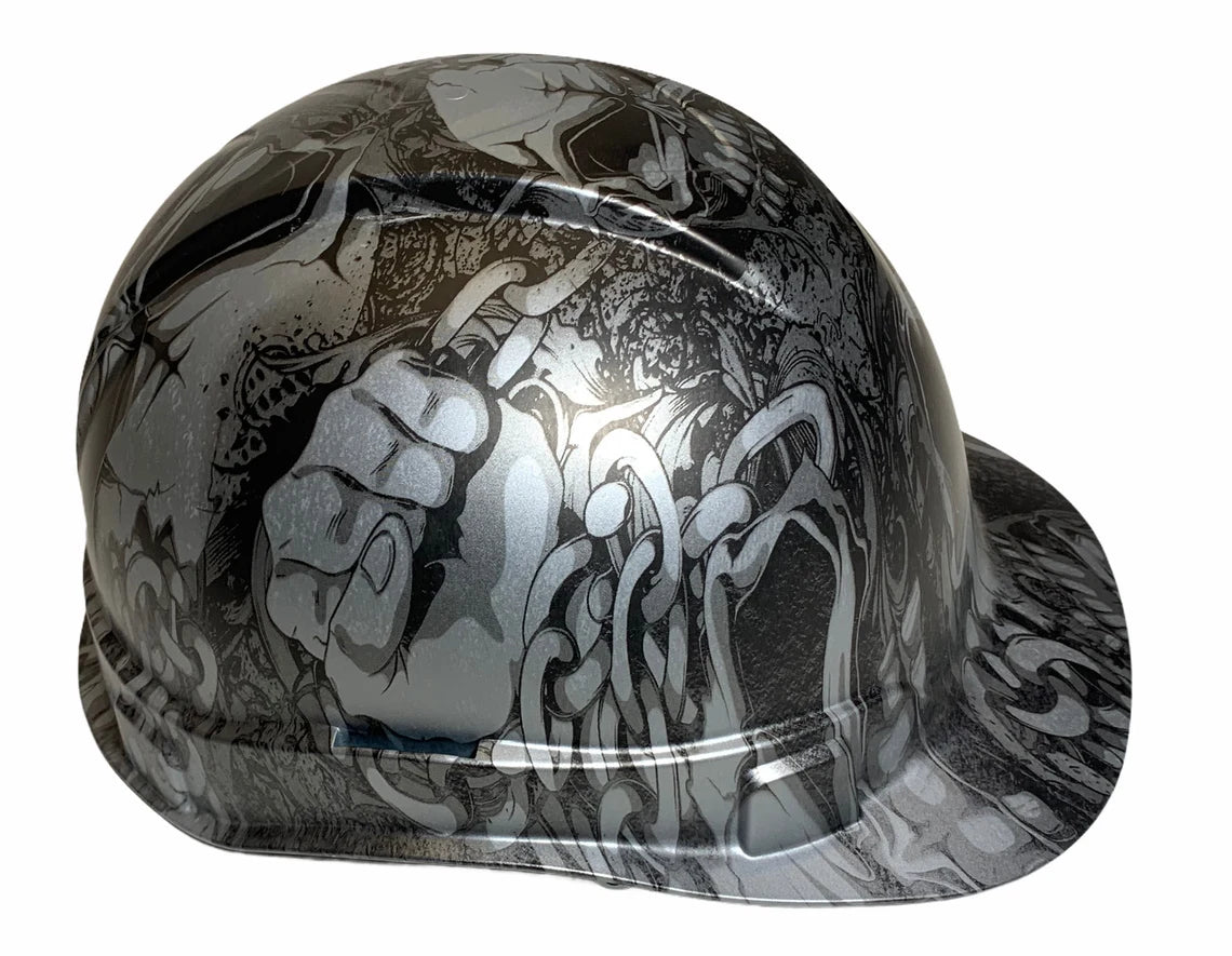 Hard Hat Ridgeline Cap Style Custom Silver Metallic Gnarly Chains and Skulls