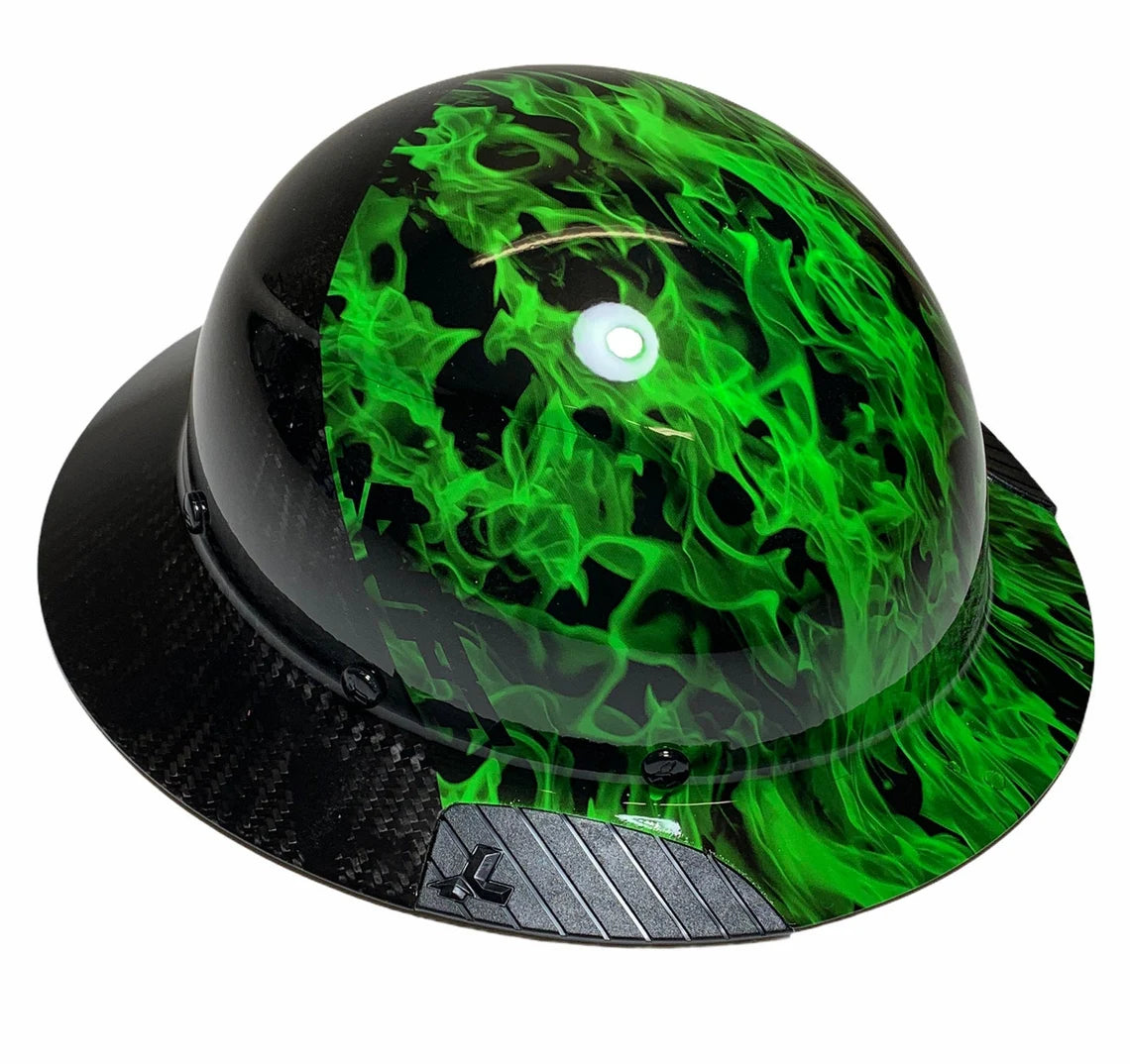 Custom Hydro Dipped Black and Green Flames Lift DAX Fifty 50 Carbon Fiber HDF50C-19OC Full Brim Hard Hat