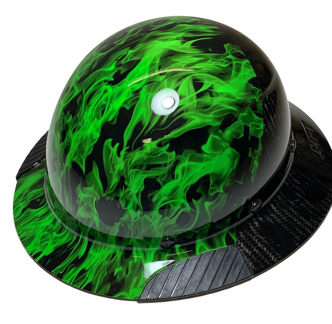 Custom Hydro Dipped Black and Green Flames Lift DAX Fifty 50 Carbon Fiber HDF50C-19OC Full Brim Hard Hat