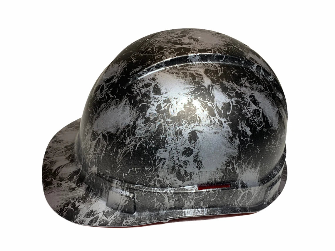 Hard Hat Ridgeline Cap Style Custom Silver Metallic Small Flaming Skulls