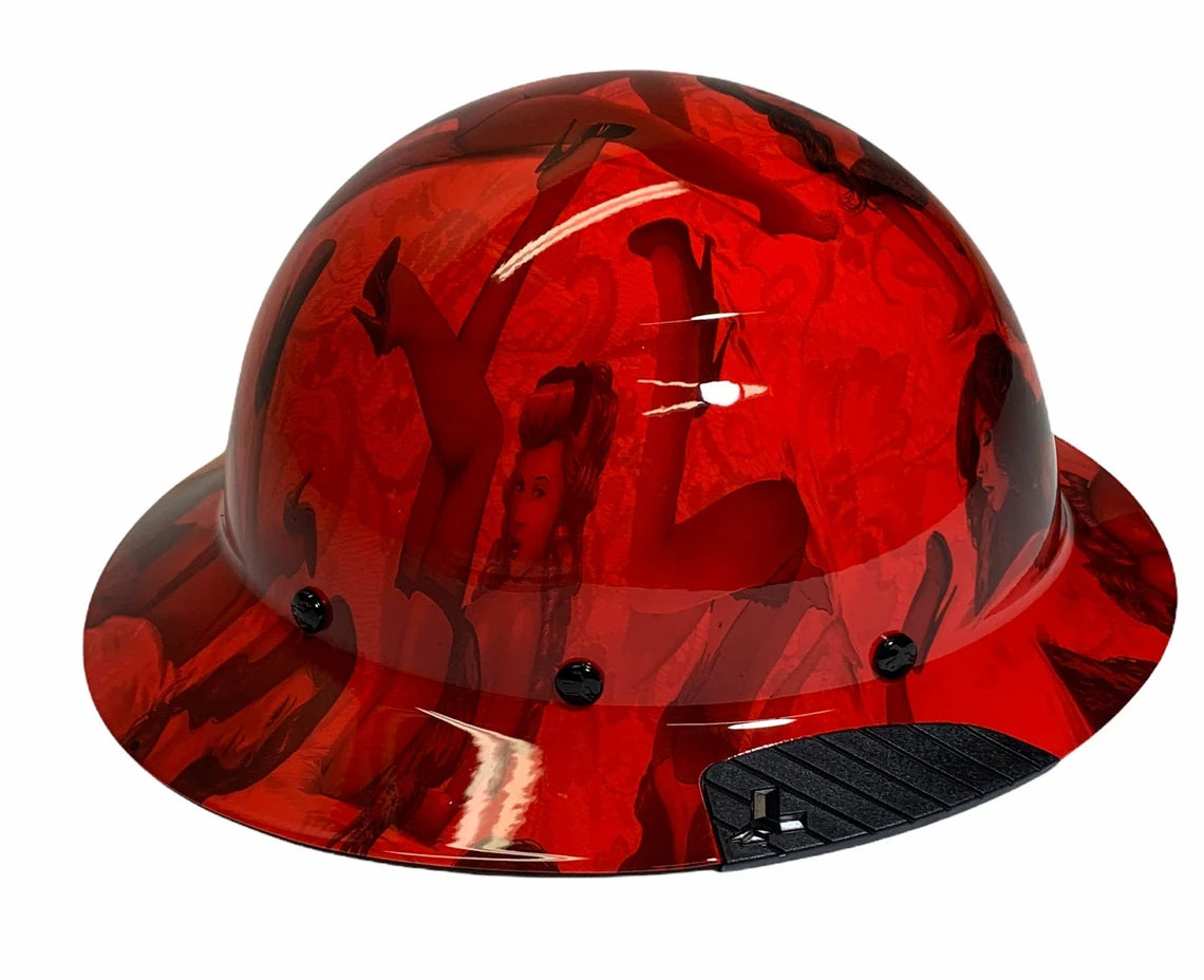 Custom Hydro Dip Red Pin Up Girls Lift Fiber Resin Full Brim Hard Hat