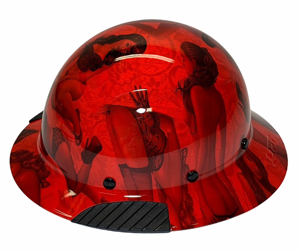 Custom Hydro Dip Red Pin Up Girls Lift Fiber Resin Full Brim Hard Hat