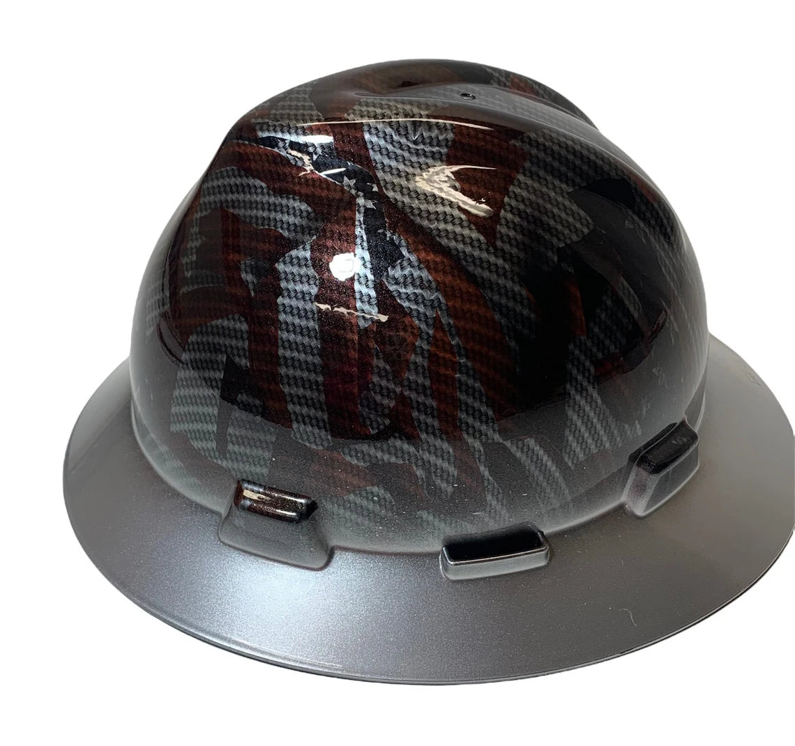 Custom Hard Hat Hydro Dipped Carbon Fiber American Flags with Silver Brim MSA V-Gard Full Brim