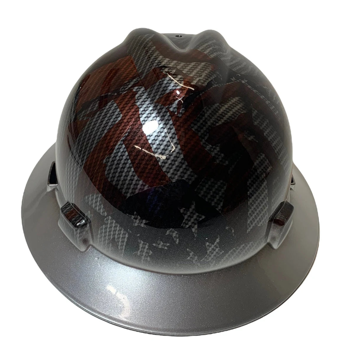 Custom Hard Hat Hydro Dipped Carbon Fiber American Flags with Silver Brim MSA V-Gard Full Brim