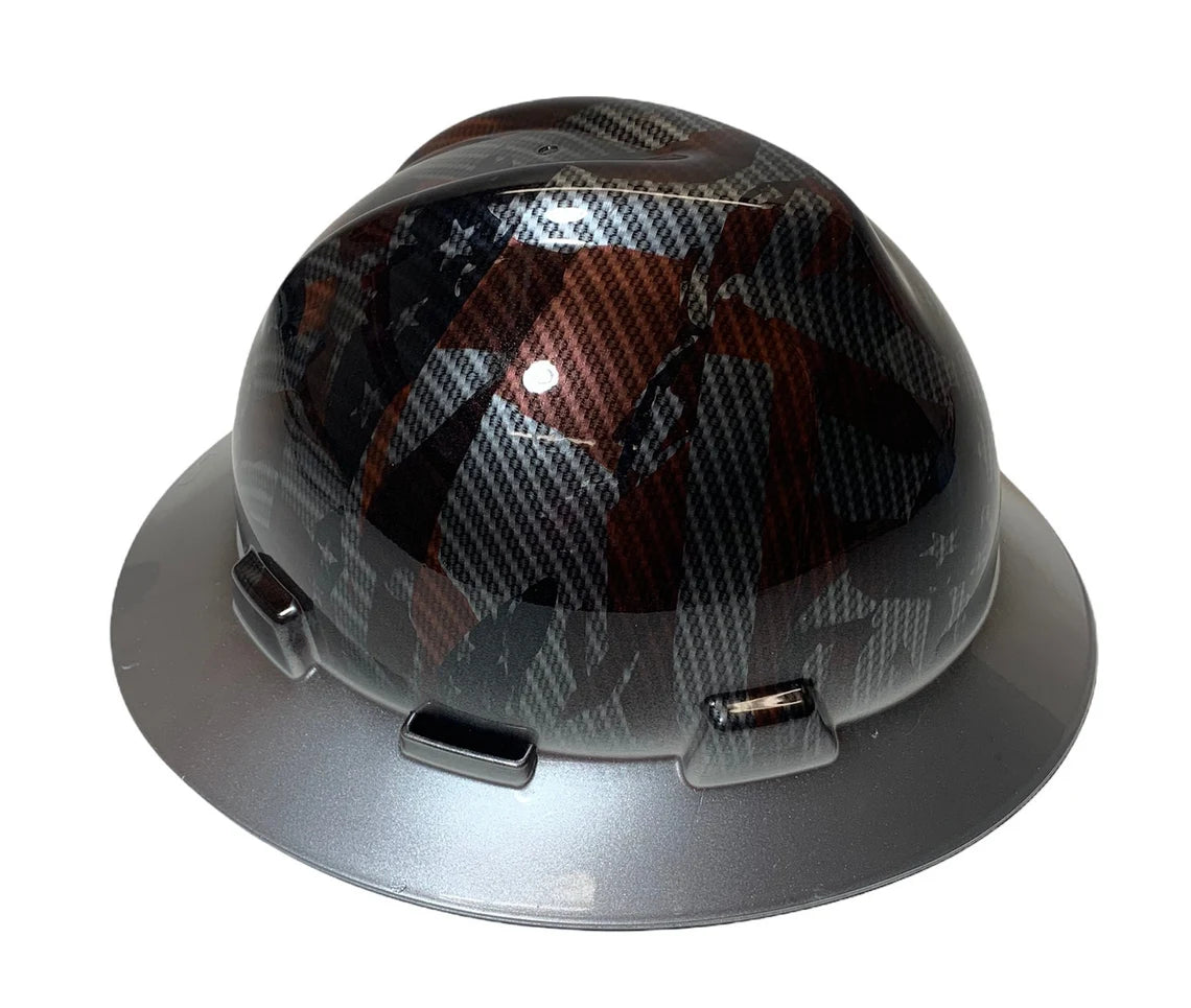 Custom Hard Hat Hydro Dipped Carbon Fiber American Flags with Silver Brim MSA V-Gard Full Brim