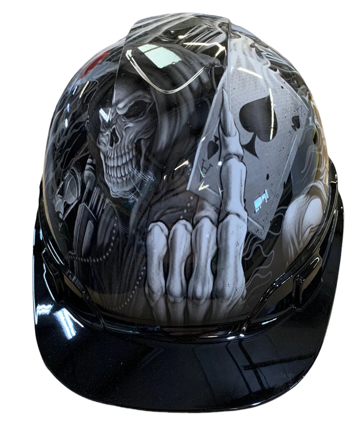 Custom Hydro Dipped Hard Hat Ridgeline Cap Style White Ace Of Skulls with Black Brim