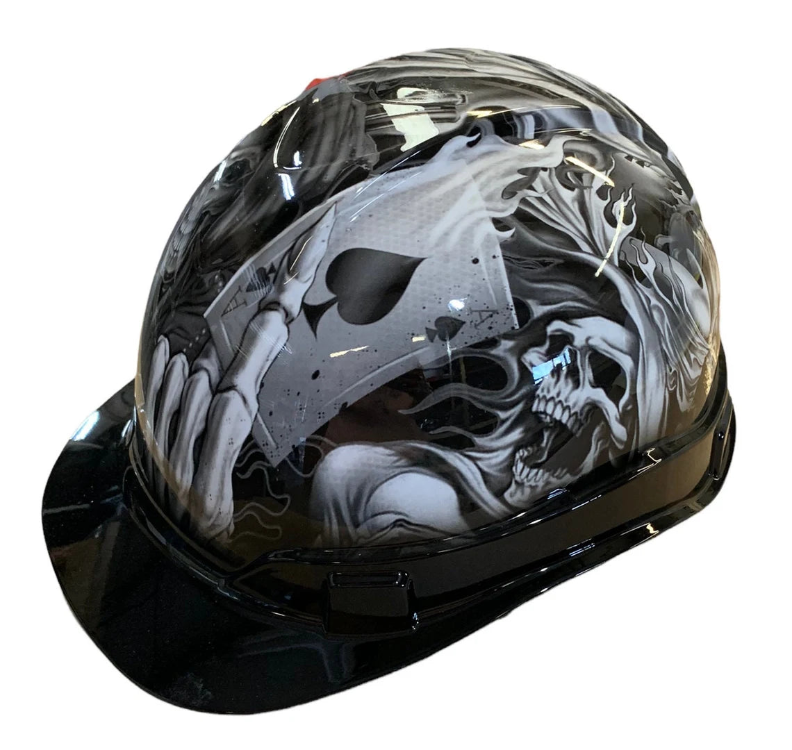 Custom Hydro Dipped Hard Hat Ridgeline Cap Style White Ace Of Skulls with Black Brim